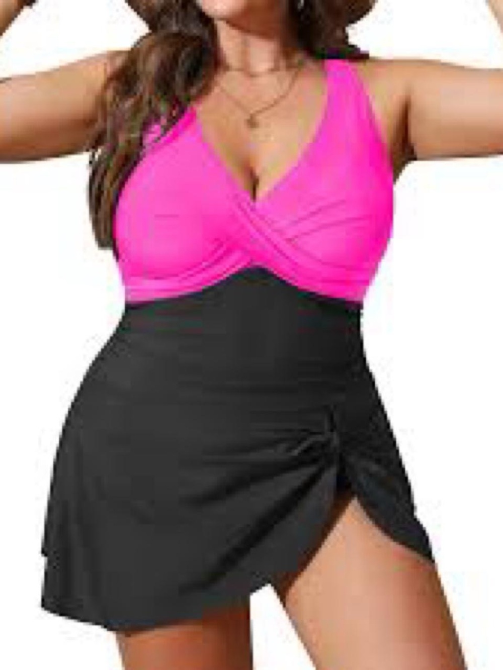 Women’s plus size one-Piece Swimdress - Hot Pink & Black